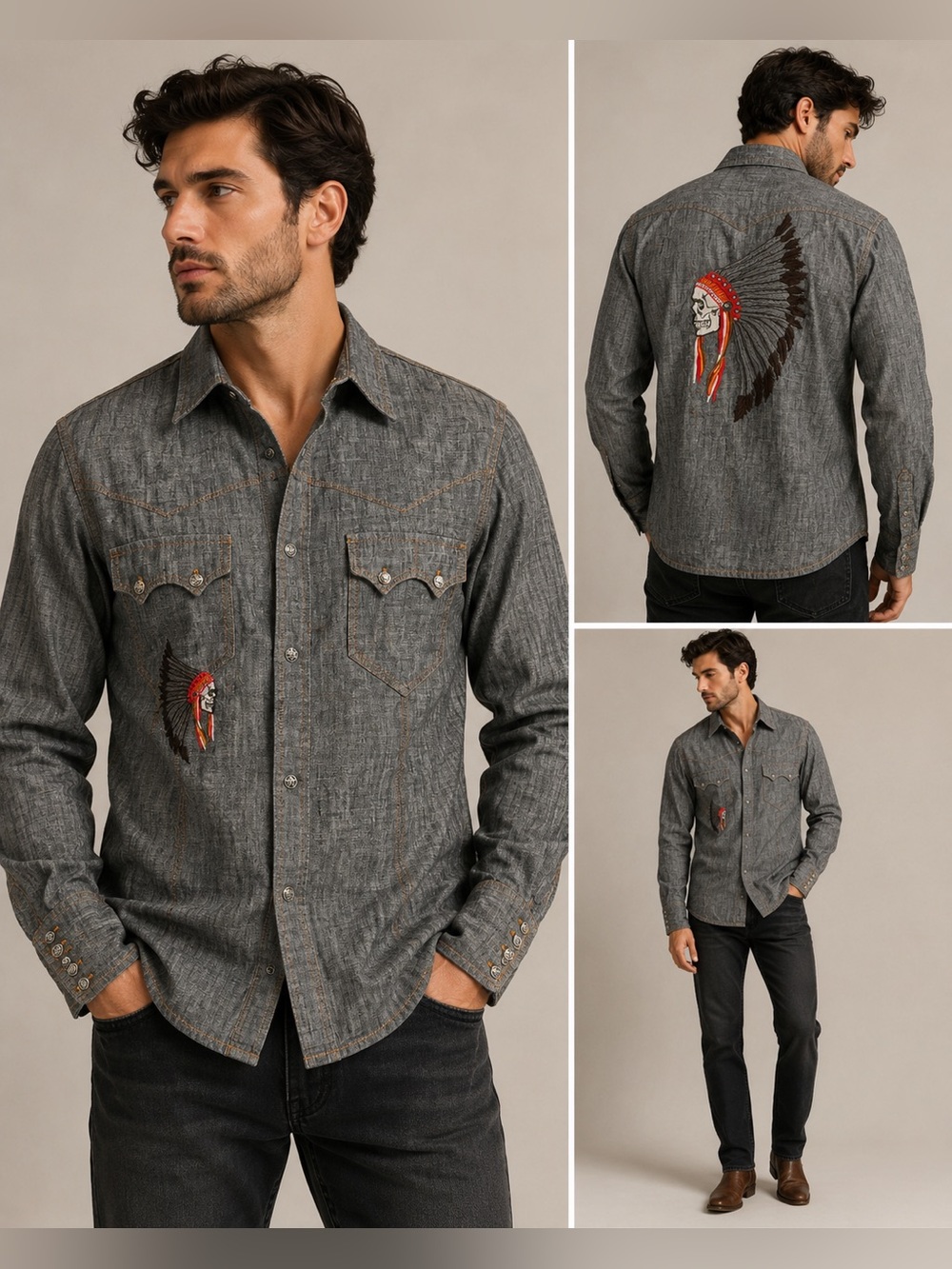 Manuel Chambray Western Shirt Skull Headdress Embroidered XL Rockabilly USA